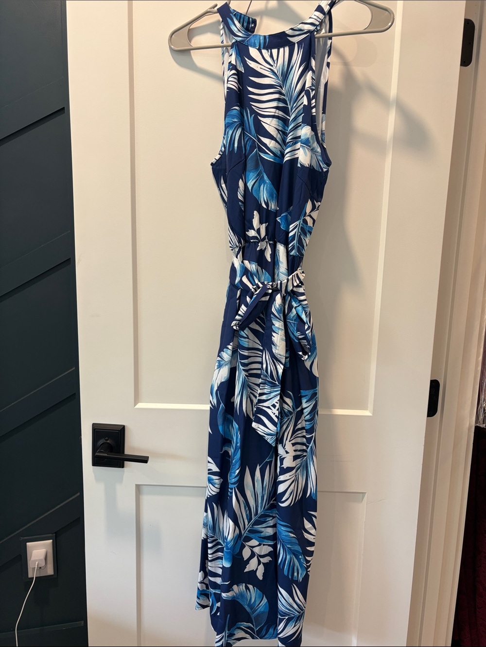 Blue Tropical Print Halter Maxi Dress